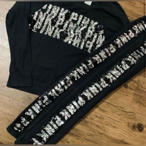 PINK VS SILVER LOGO BLING SWEATSHIRT/ JOGGER PANTS OUTFIT SET M - Picture 3 of 14